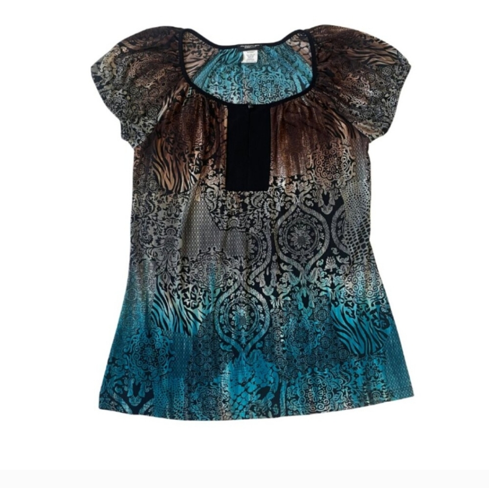 perseption concept brown & turquoise blouse /sz Med. 92% Polyster 8% Spandex .